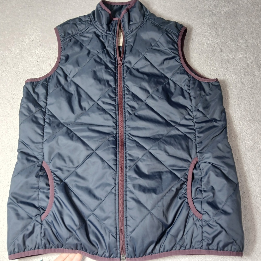 Duluth Trading Co Mens Size Medium Quilted Pimaloft Blue Vest W/Burgundy Trim